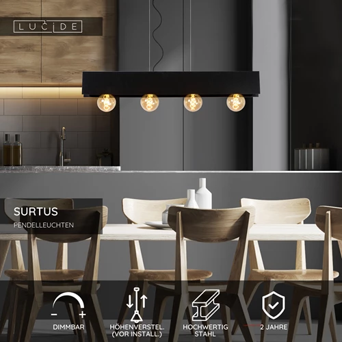 Lucide SURTUS - Pendelleuchten - 4xE27 - Schwarz - USP